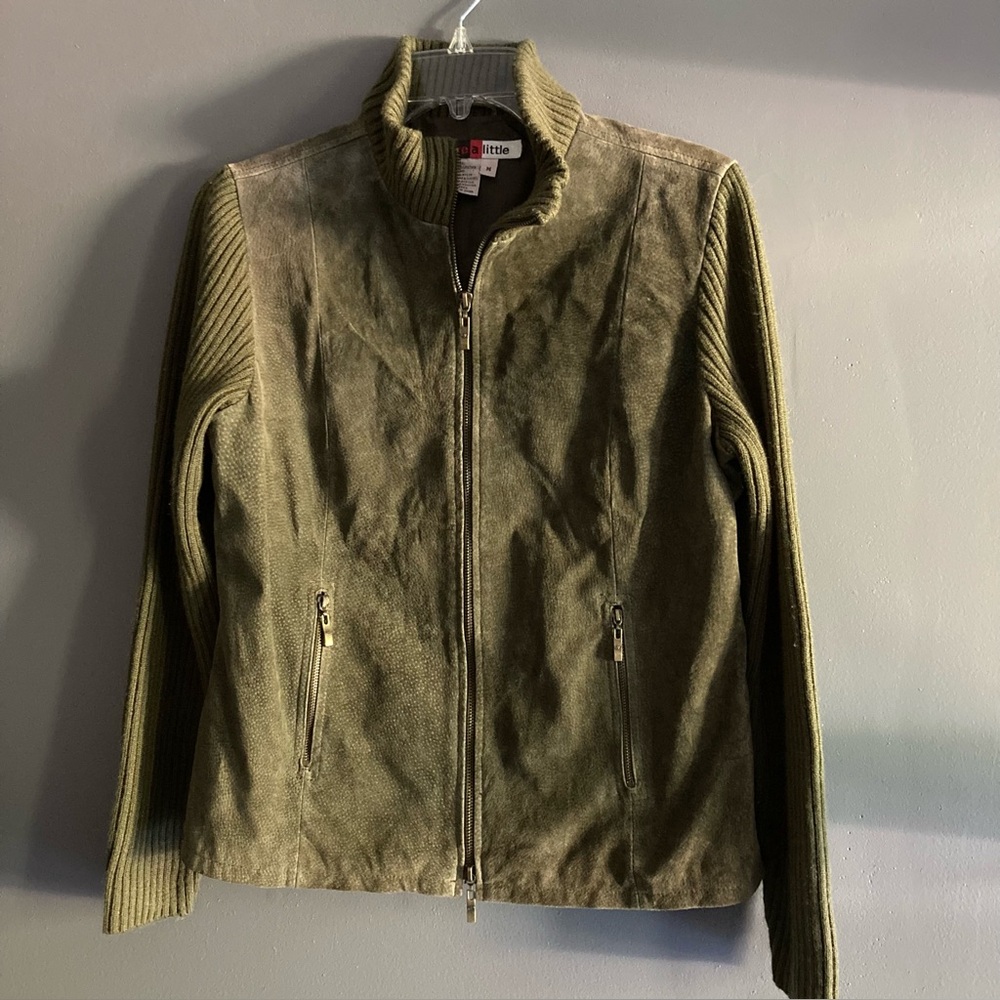 Vintage Olive Green Washable Suede Zip-Up Jacket with Knit Sleeves
